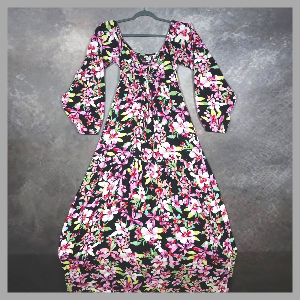 Roxy Floral Cutout Knot Front Maxi Dress Boho Flowy Cottagecore Black Pink S NWT